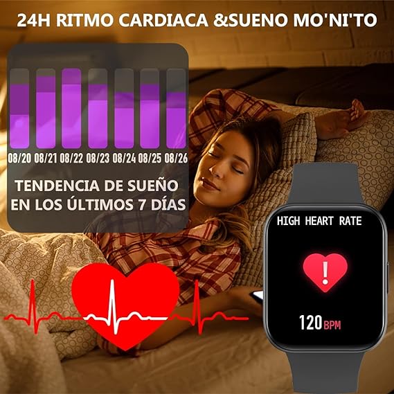 Smartwatch Reloj Inteligente,Salandens 1.72" Hombre Mujer Pulsera Inteligente, Pantalla Táctil Completa Impermeable IP68, Con Pulsómetro y Presión Arterial, Monitor de Calorías,Sueño,Podómetro,Relojes Deportes GPS Monitor de Pasos,Notificaciones Inteligentes, Banda Inteligente para Hombres, Mujeres Compatible con IOS, Android. (Negro)