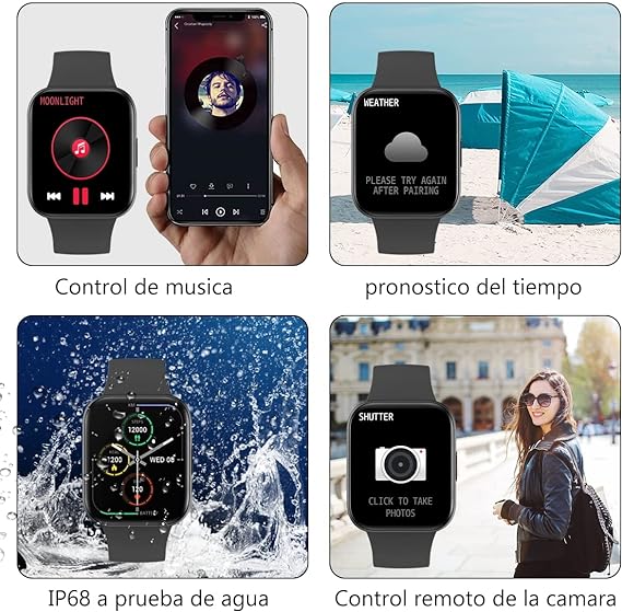 Smartwatch Reloj Inteligente,Salandens 1.72" Hombre Mujer Pulsera Inteligente, Pantalla Táctil Completa Impermeable IP68, Con Pulsómetro y Presión Arterial, Monitor de Calorías,Sueño,Podómetro,Relojes Deportes GPS Monitor de Pasos,Notificaciones Inteligentes, Banda Inteligente para Hombres, Mujeres Compatible con IOS, Android. (Negro)