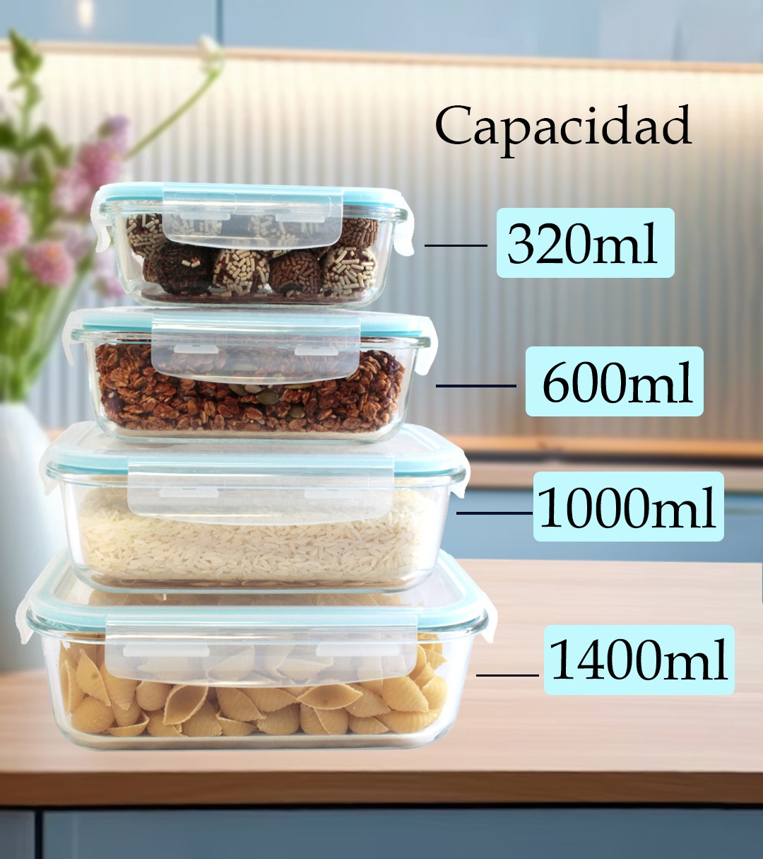 MDFitness Juego de 4 recipientes herméticos, Recipientes de vidrio con tapa hermética, Tupper vidrio, Recipientes herméticos para almacenar, Contenedores para alimentos, Contenedor de vidrio, lunch