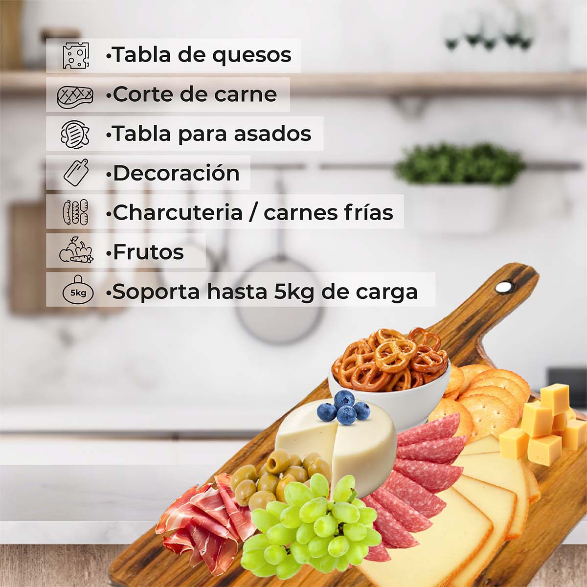 Tabla para picar de madera (pino) rectangular I tabla de quesos y charcuteria I tabla de decoración y corte para carne asados I hecho 100% a mano I LIVE III: Chica 24 x 28 x 2.5.