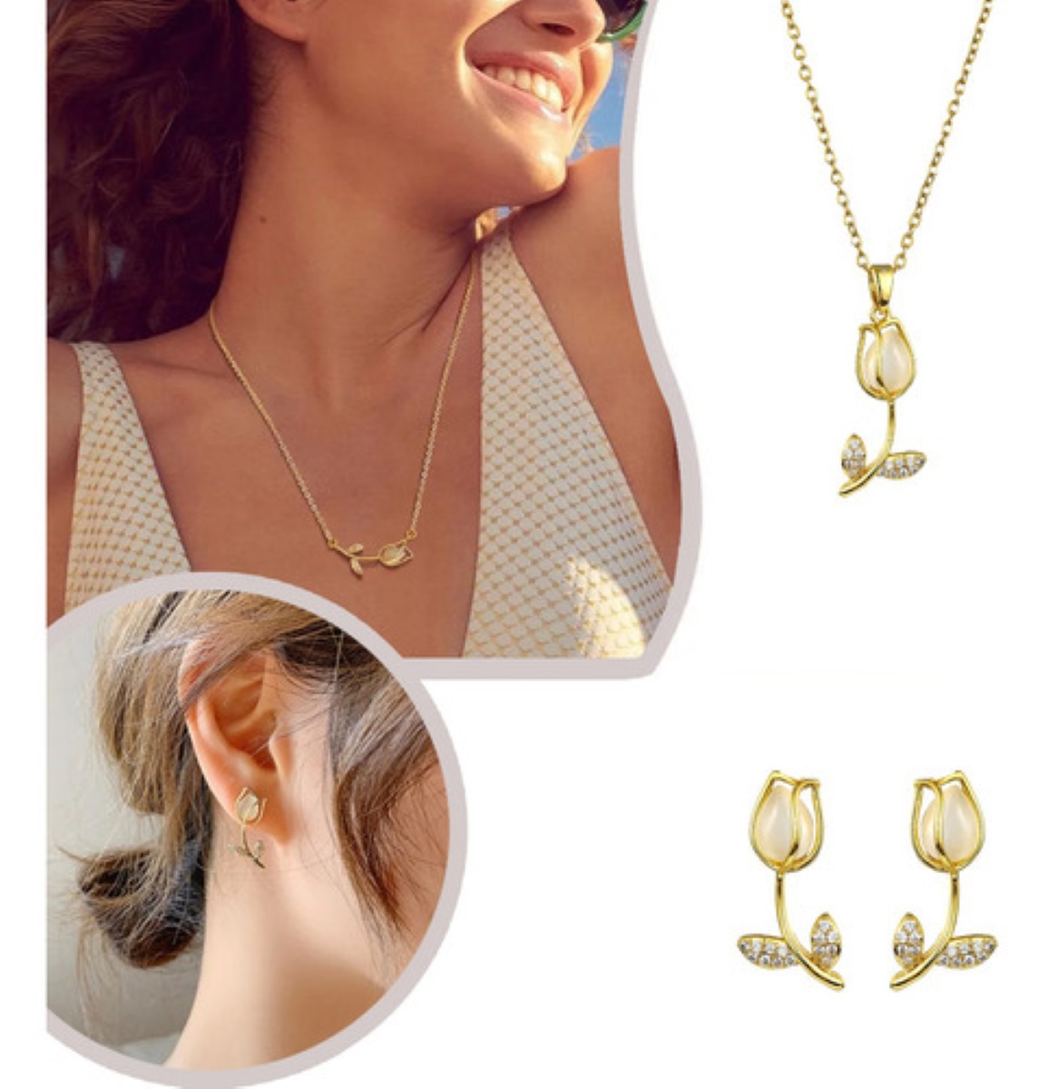 Set De Collar Y Aretes Tulipanes Para Mujer, Dorado