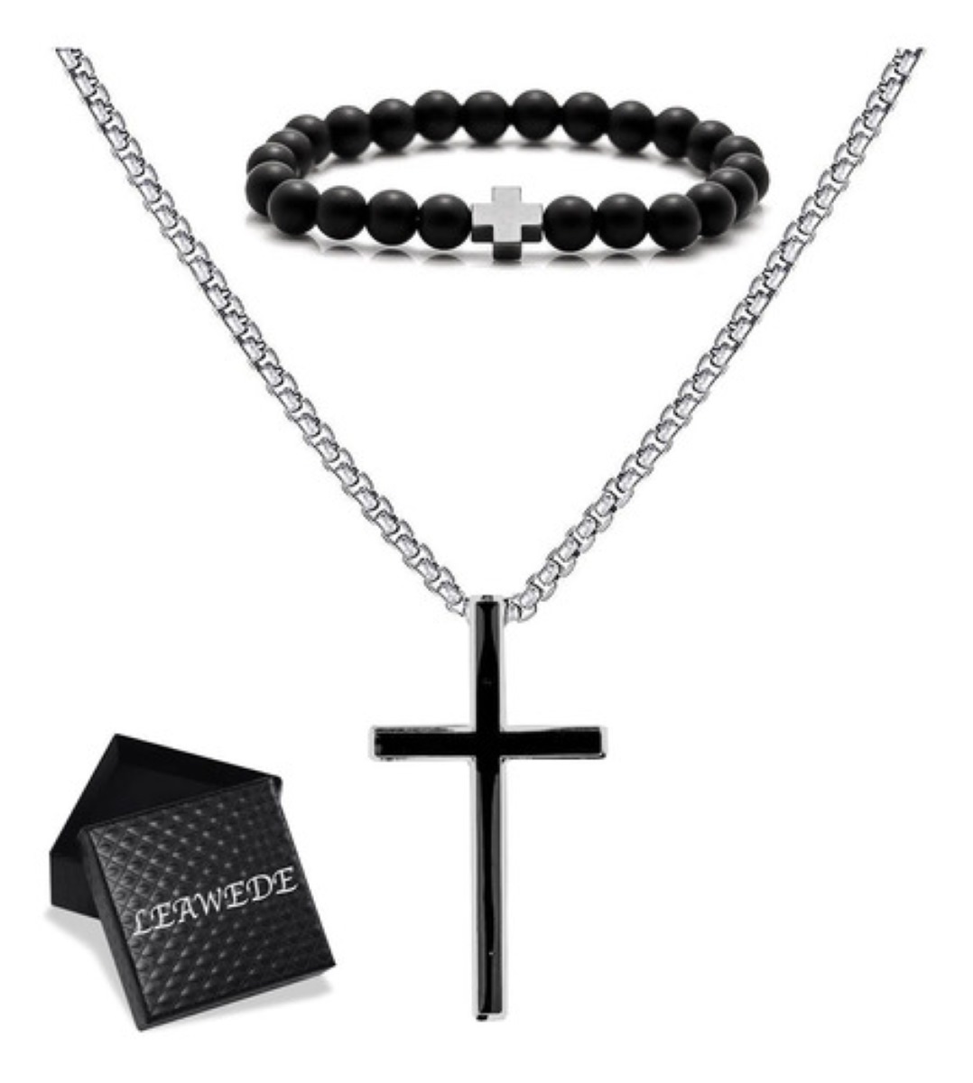 De Cruz Hombre Y Pulsera  Acero Inoxidable negro plata
