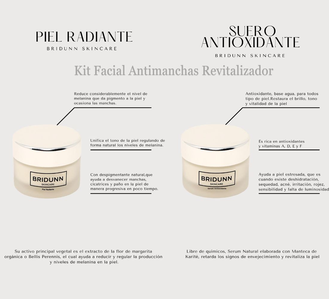 Kit Piel Revitalizada Quitamanchas + Antioxidante, Suero Facial Despigmentante Quita Manchas Aclarante Y Crema Facial Antioxidante Antiedad con Vitaminas E, A, D . Kit Tratamiento Piel Radiante Bridunn 2 productos