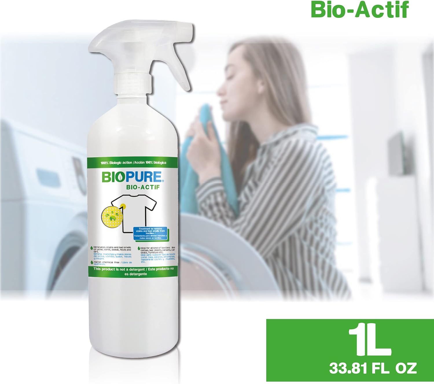 Biopure - Tratamiento ecológico quitamanchas y malos olores en textiles - Quita manchas y malos olores de orina, vómito, sudor, heces y mugre - Ideal para ropa, sabanas, tapetes, muebles, asientos de coche, etc - Acción 100% Biológica - Bio actif (999 Mililitros).