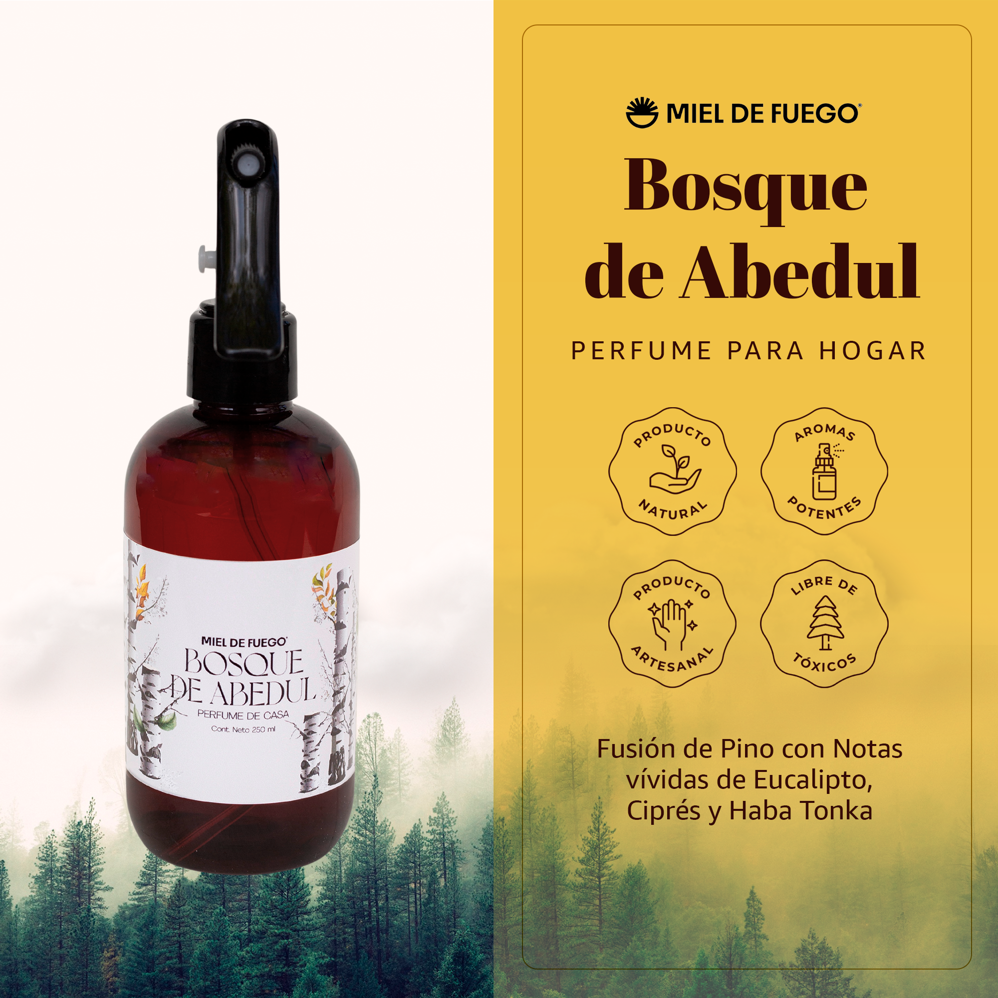 Perfume para Hogar 100% Natural – Aroma Bosque de Abedul | Aroma Duradero – 250 ml | Fusión de Pino con Notas Vívidas de Eucalipto, Ciprés y Haba Tonka
