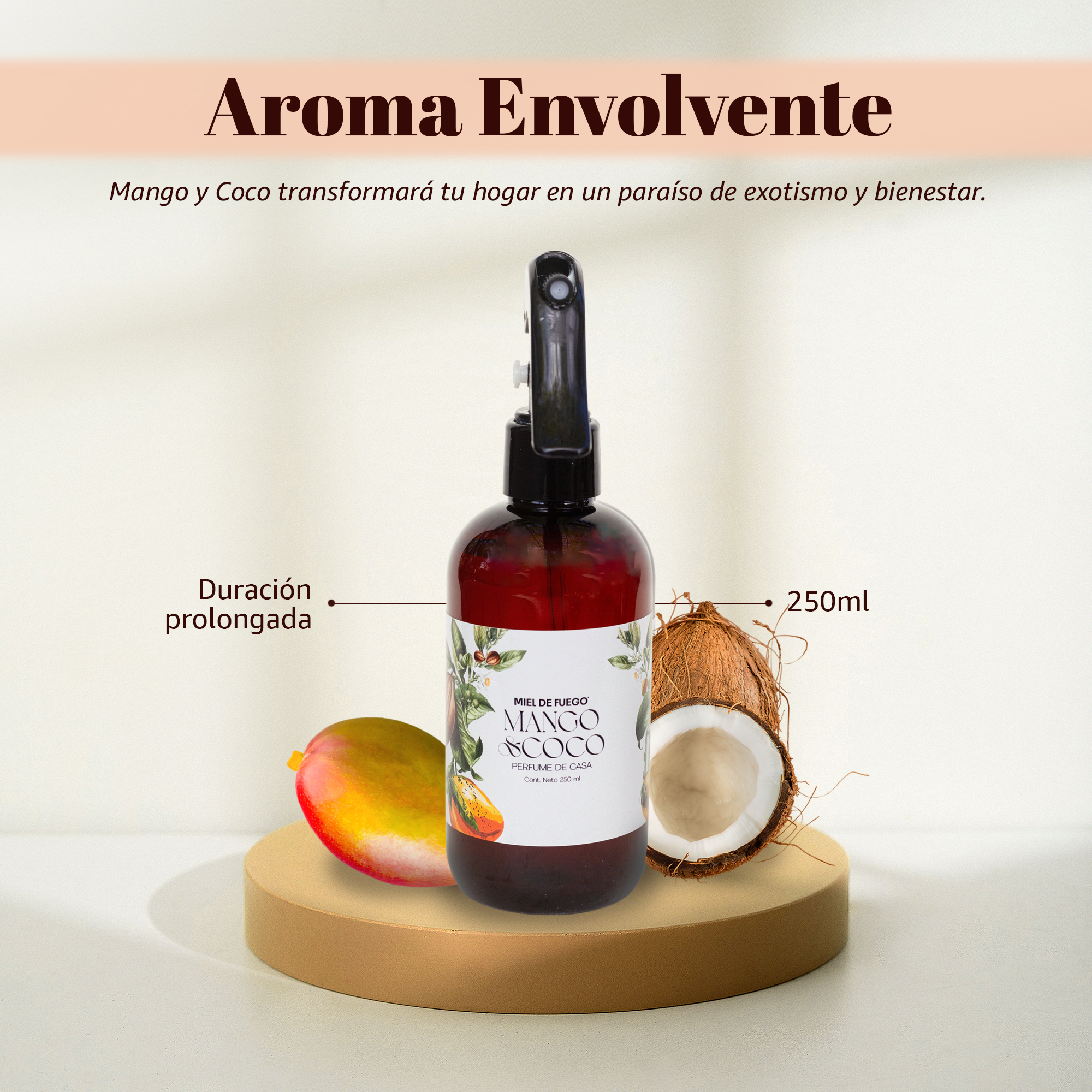 Perfume para Hogar 100% Natural – Aroma Mango y Coco | Aroma Duradero – 250 ml | Fusión Tropical de Mango Fresco y Leche de Coco Cremosa .