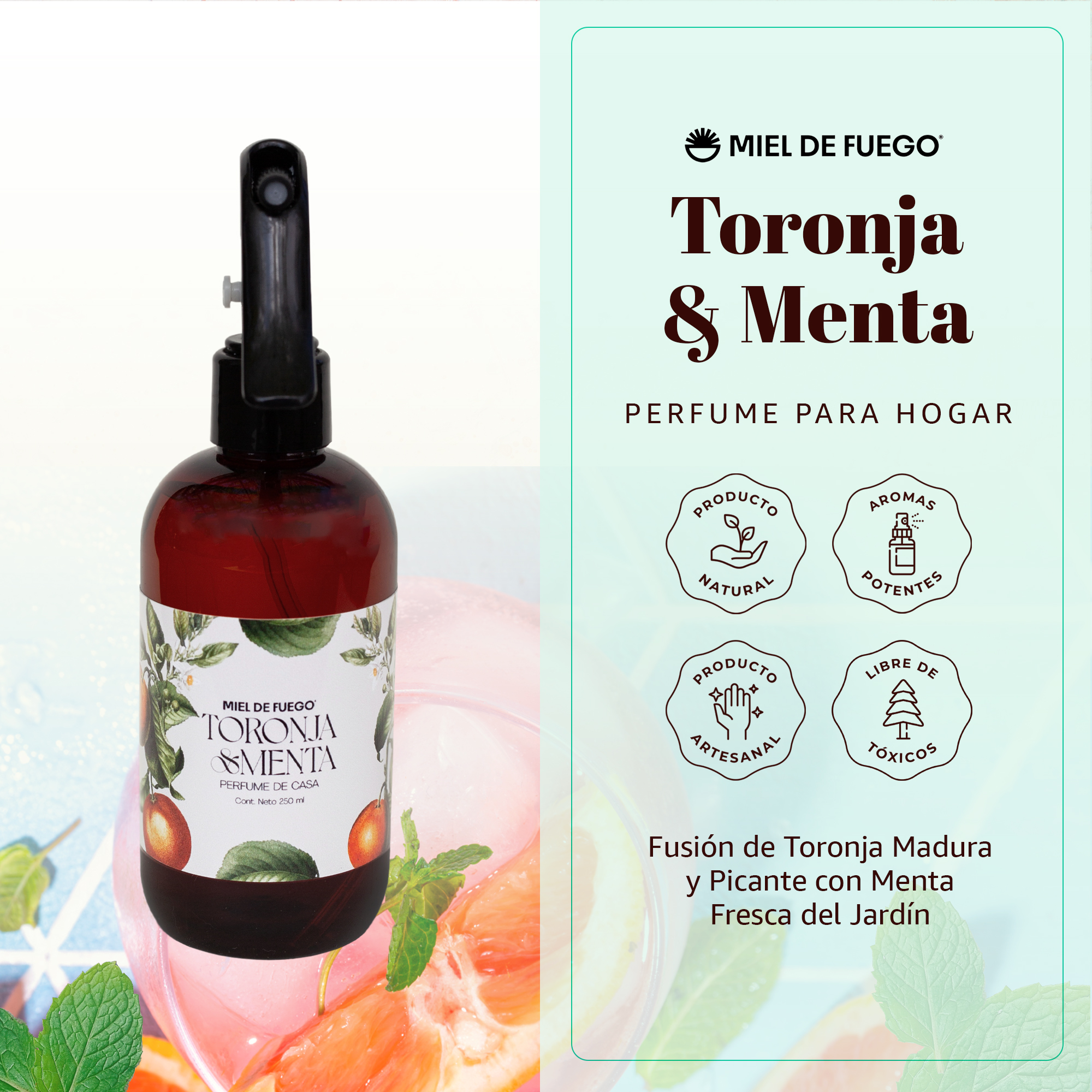 Perfume para Hogar 100% Natural – Aroma Mango y Coco | Aroma Duradero – 250 ml | Fusión de Toronja Madura y Picante con Menta Fresca del Jardín