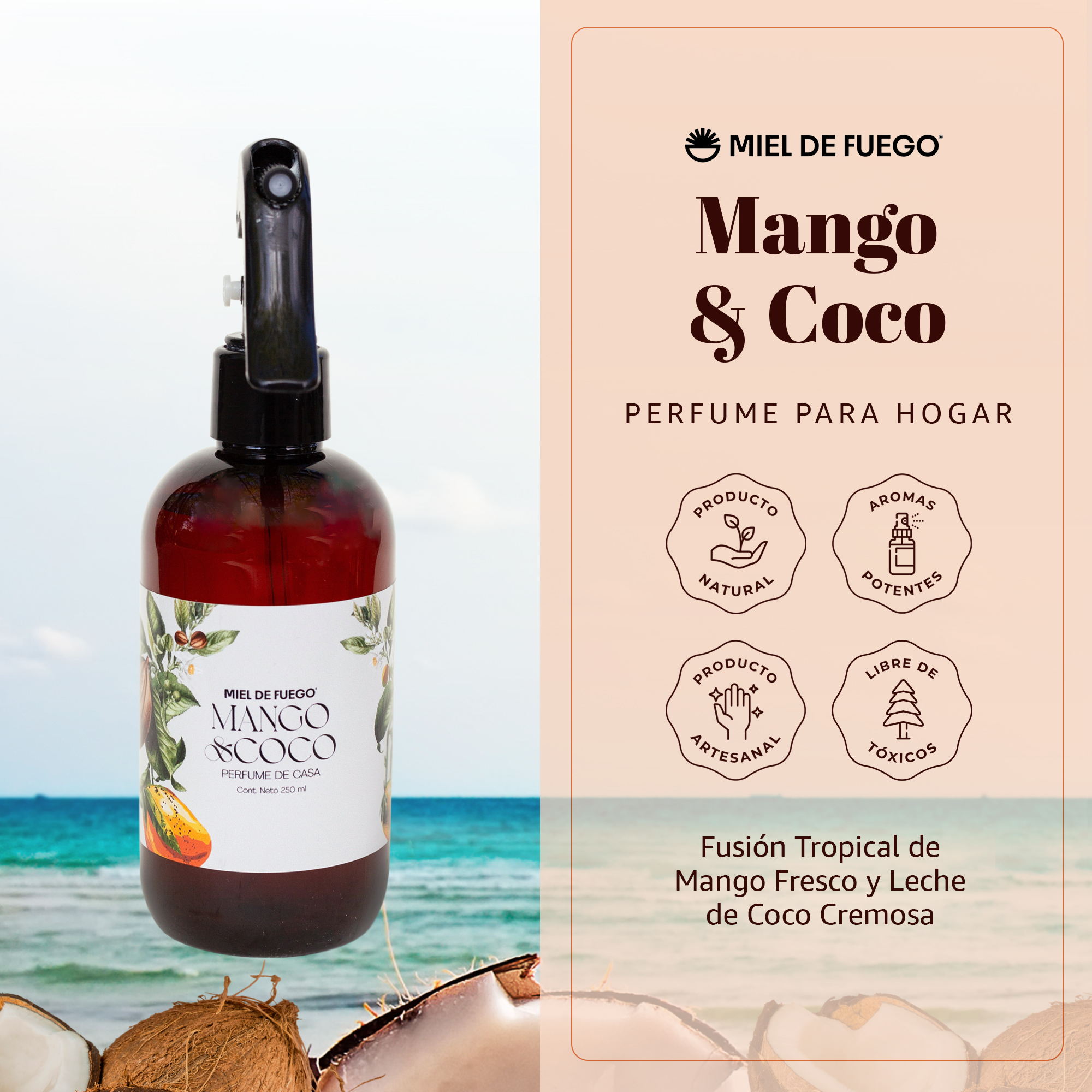 Perfume para Hogar 100% Natural – Aroma Mango y Coco | Aroma Duradero – 250 ml | Fusión Tropical de Mango Fresco y Leche de Coco Cremosa .