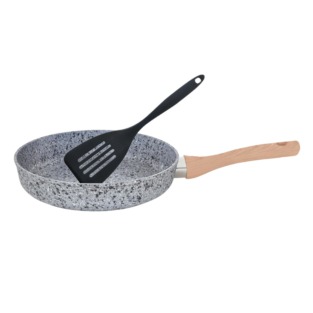 Sarten HUDSON 24cm Aluminio Forjado espesor 4mm Antiadherente Granito con tapa cristal y espatula nylon.