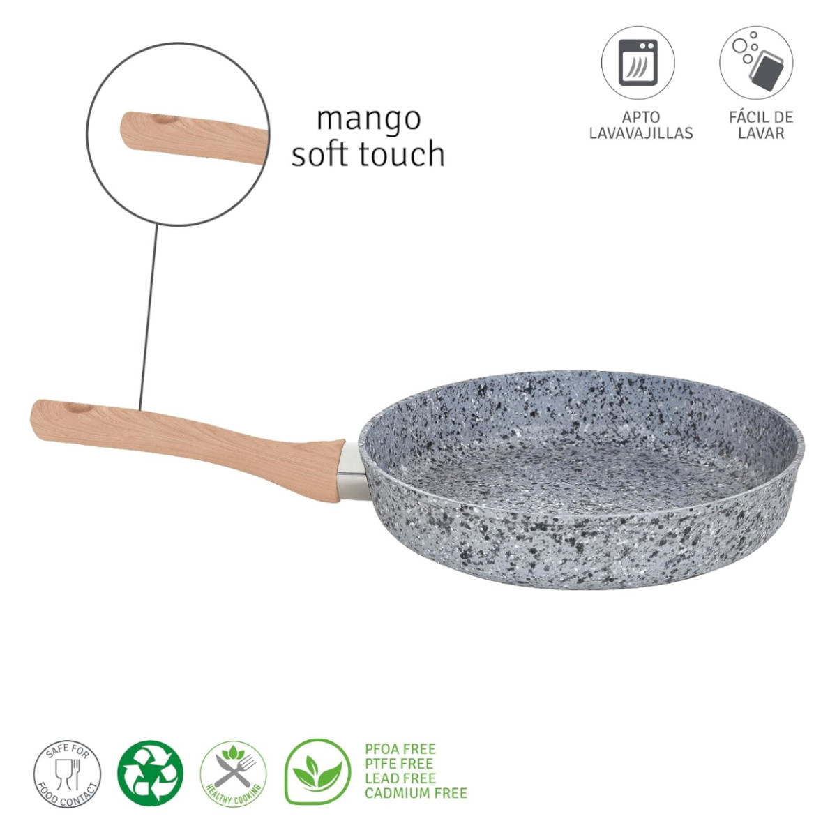 Sarten HUDSON 24cm Aluminio Forjado espesor 4mm Antiadherente Granito con tapa cristal y espatula nylon.