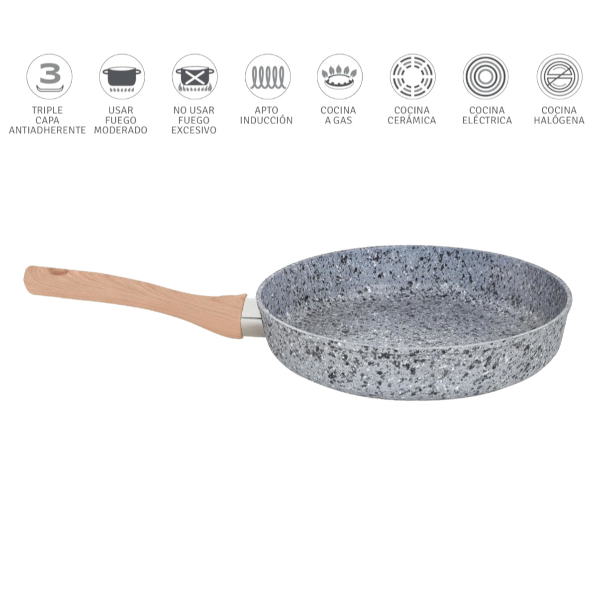 Sarten HUDSON 24cm Aluminio Forjado espesor 4mm Antiadherente Granito con tapa cristal y espatula nylon.
