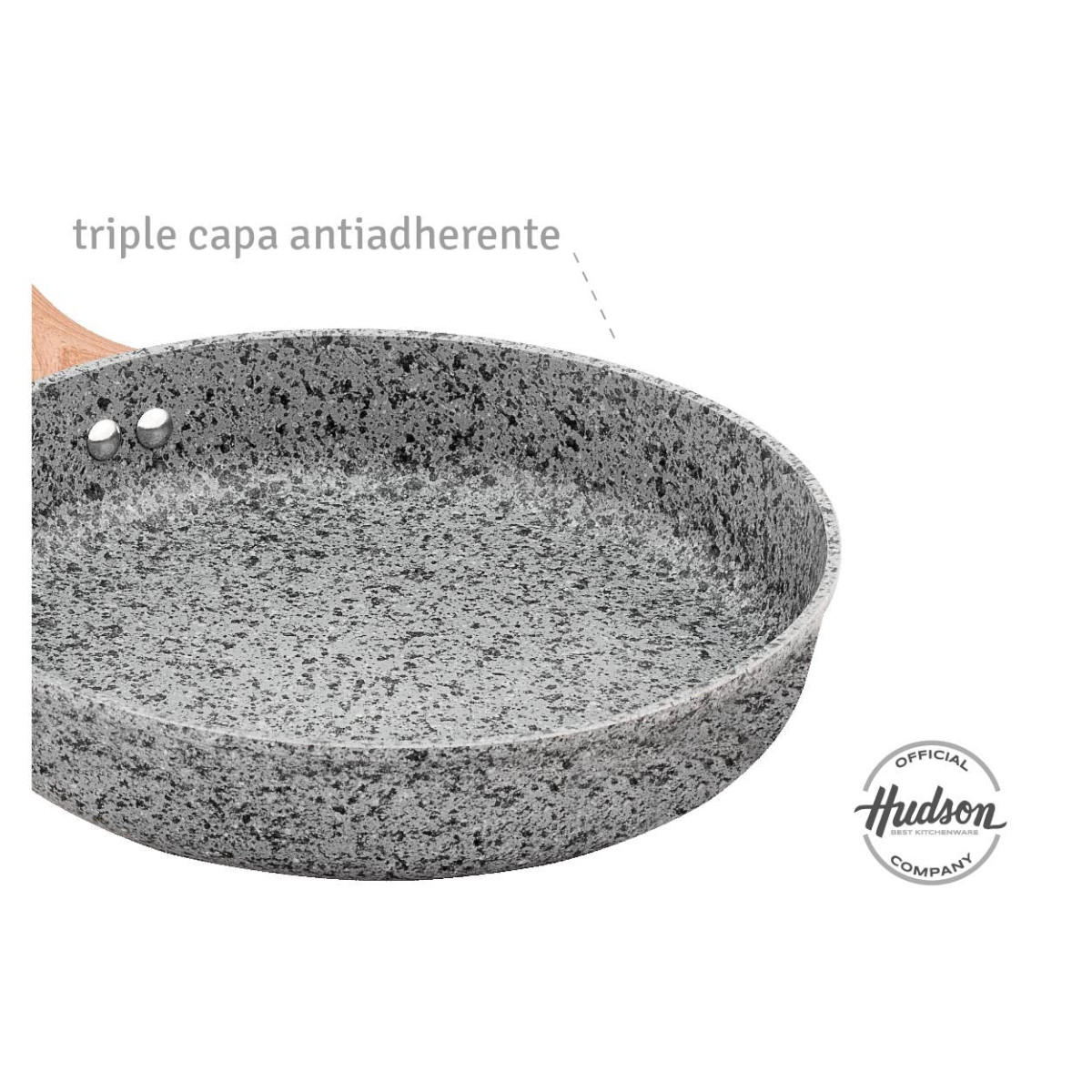Sarten HUDSON 24cm Aluminio Forjado espesor 4mm Antiadherente Granito con tapa cristal y espatula nylon.