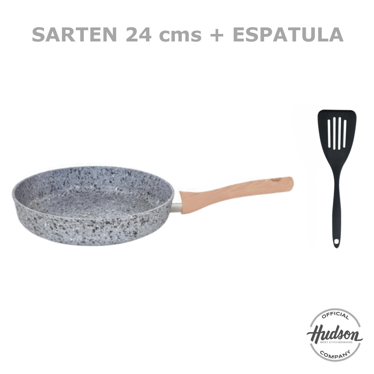 Sarten HUDSON 24cm Aluminio Forjado espesor 4mm Antiadherente Granito con tapa cristal y espatula nylon.