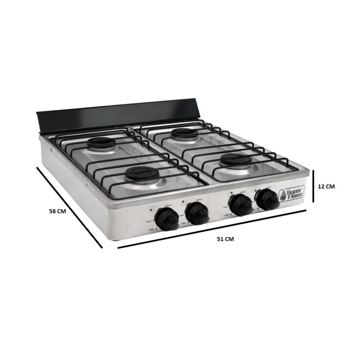 Parrilla 4 quemadores de gas acero inox marca superflama.