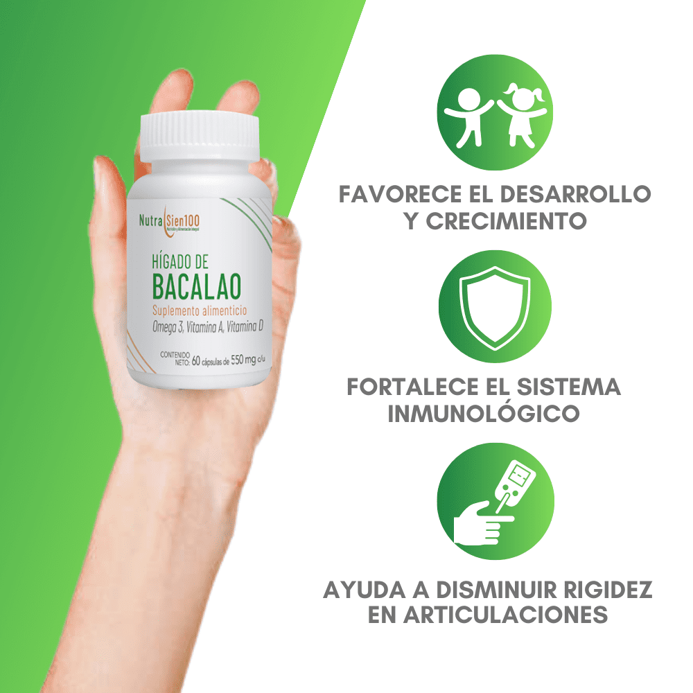 Nutrasien100 Aceite de Hígado de Bacalao en cápsulas con Vitamina A y D3 Suplemento 60 caps / 60 días