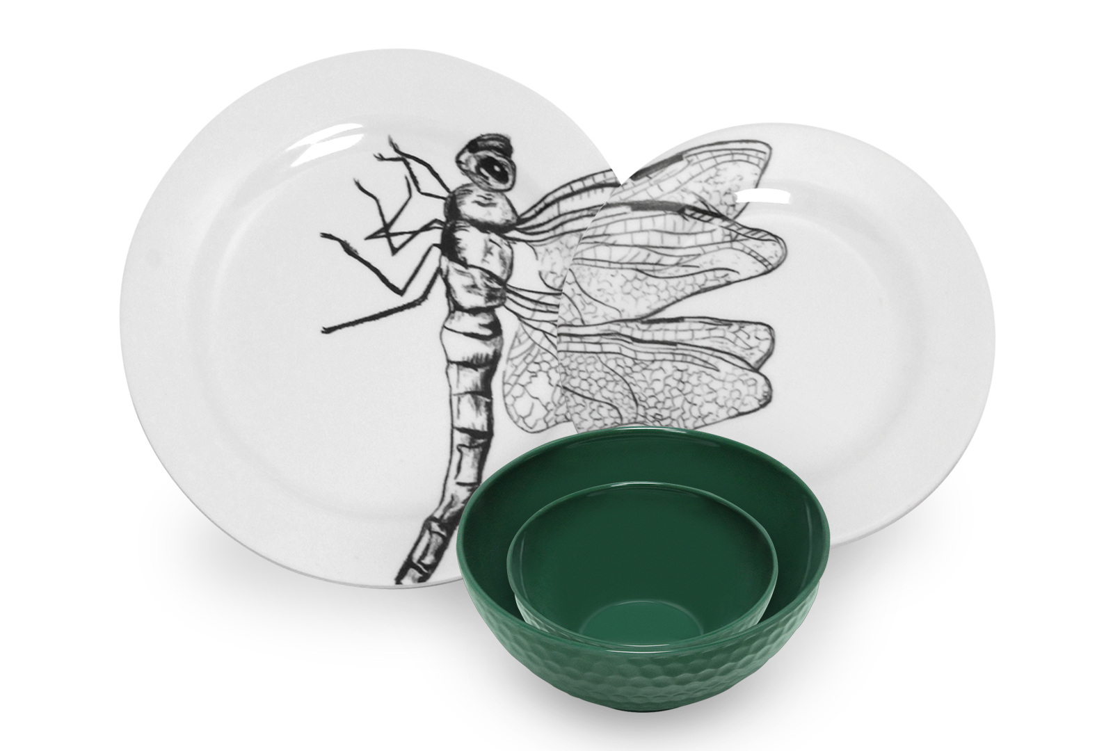 VAJILLA DE MELAMINA 16 PIEZAS CON DISEÑO DE LIBÉLULA .