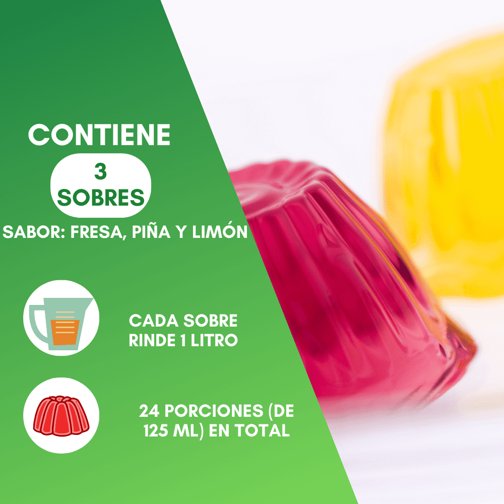 Nutrasien100 Gelatina Sin Azúcar L-carnitina Keto 1 Bolsa para 3 litros - 3 Sabores Piña Fresa Limón