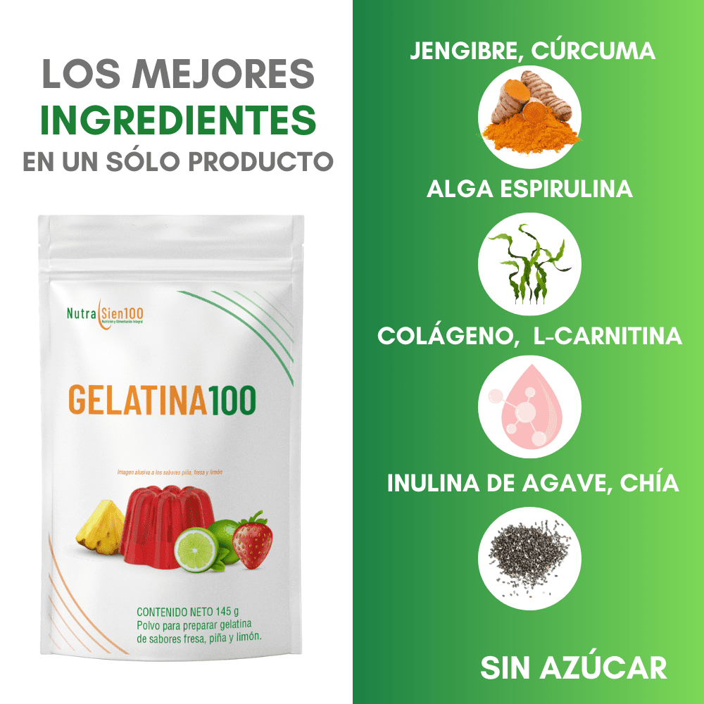Nutrasien100 Gelatina Sin Azúcar L-carnitina Keto 1 Bolsa para 3 litros - 3 Sabores Piña Fresa Limón