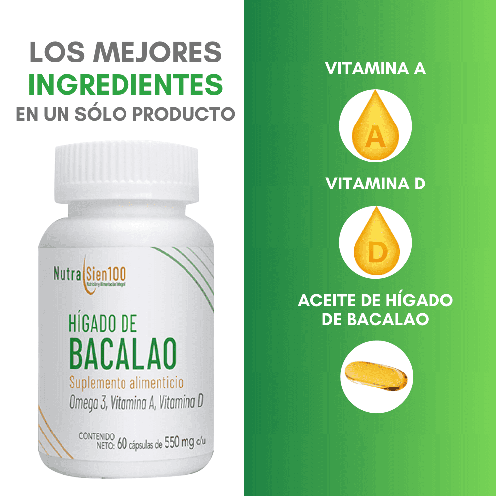 Nutrasien100 Aceite de Hígado de Bacalao en cápsulas con Vitamina A y D3 Suplemento 60 caps / 60 días