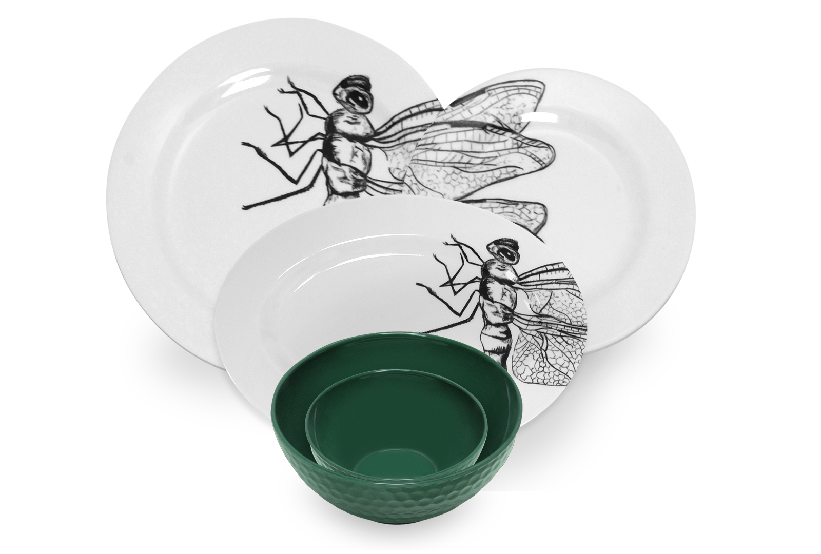 VAJILLA DE MELAMINA 16 PIEZAS CON DISEÑO DE LIBÉLULA .