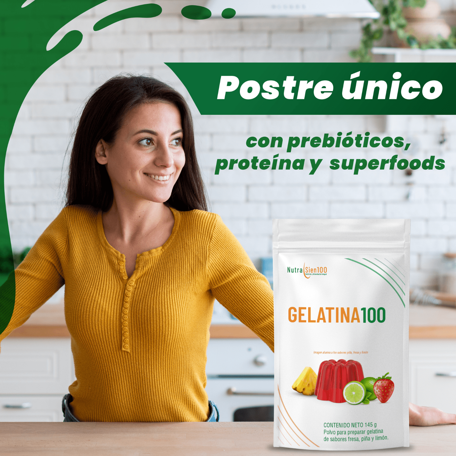 Nutrasien100 Gelatina Sin Azúcar L-carnitina Keto 1 Bolsa para 3 litros - 3 Sabores Piña Fresa Limón