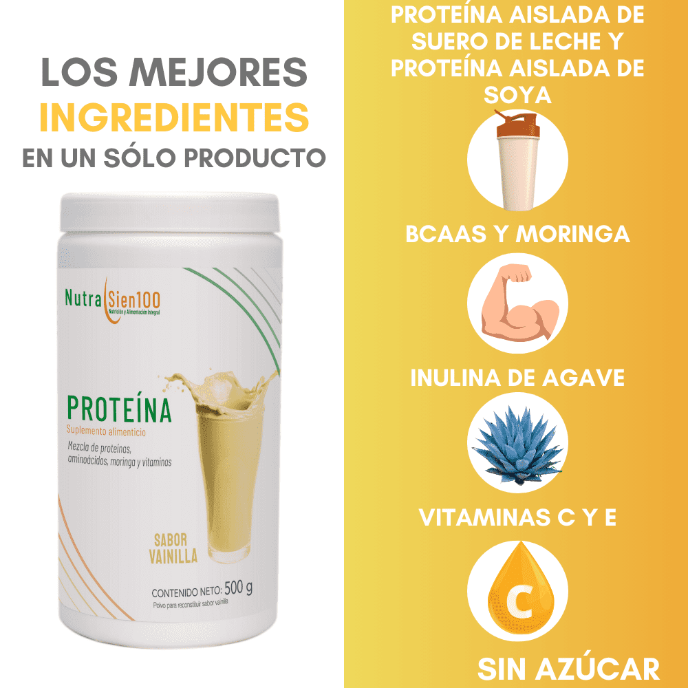 Nutrasien100 Proteína en polvo sabor Vainilla 22 g proteína por porción Keto Pre workout Sin Azúcar 500g - 17 porciones
