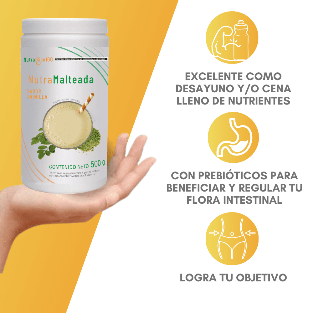 Nutrasien100 Malteada en Polvo Vainilla 500g 14gr Proteína Sin azúcar