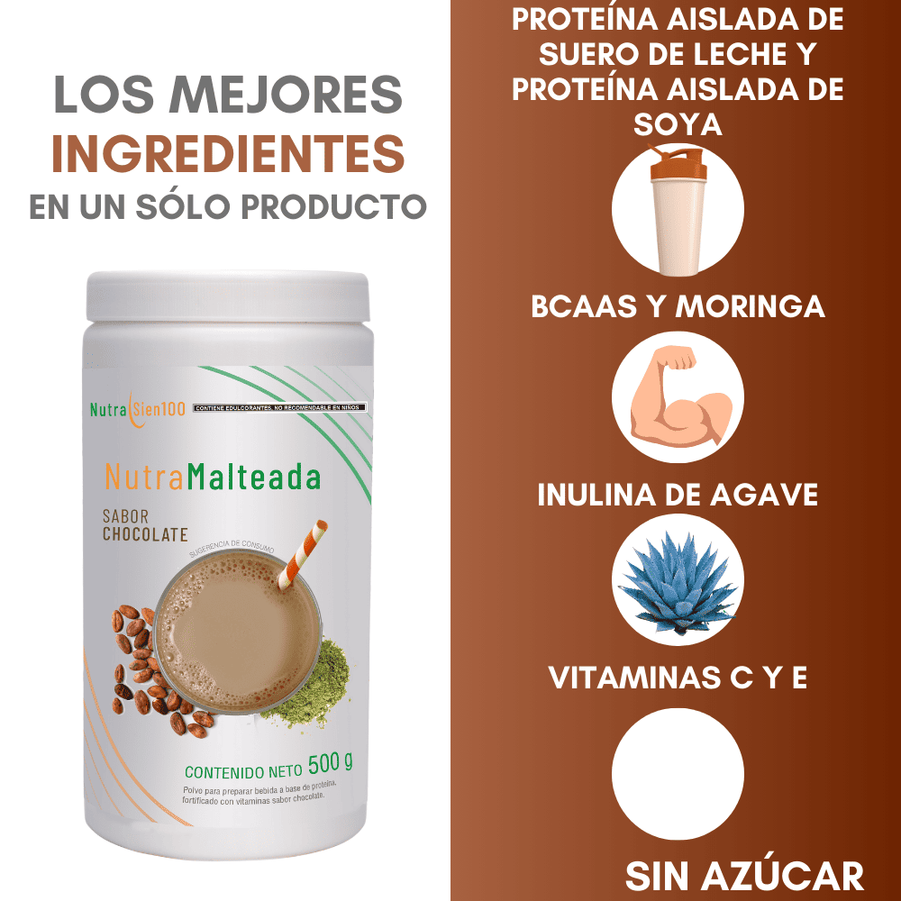 Nutrasien100 Malteada de proteína sabor Chocolate. Sin grasa Sin azúcar. 15 g proteína 500g 17 porciones. Nutramalteada