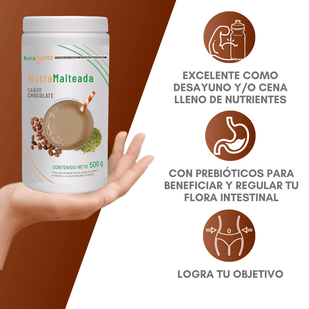Nutrasien100 Malteada de proteína sabor Chocolate. Sin grasa Sin azúcar. 15 g proteína 500g 17 porciones. Nutramalteada