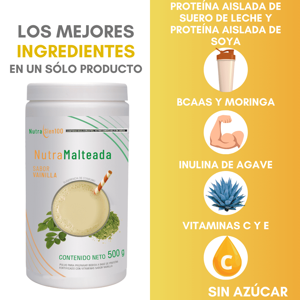 Nutrasien100 Malteada en Polvo Vainilla 500g 14gr Proteína Sin azúcar