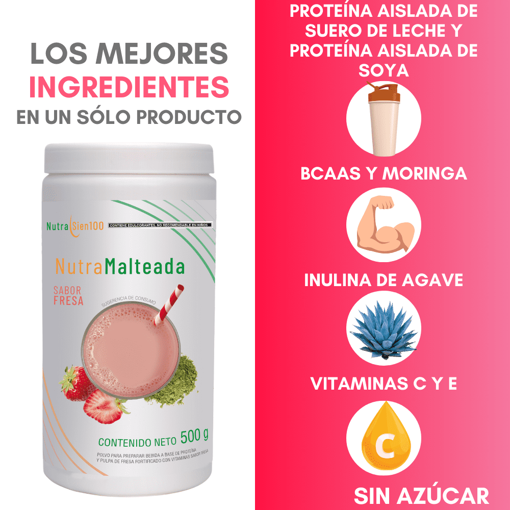 Nutrasien100 Malteada de proteína sabor Fresa. Sin grasa Sin azúcar. 15 g proteína 500g 17 porciones. Nutramalteada