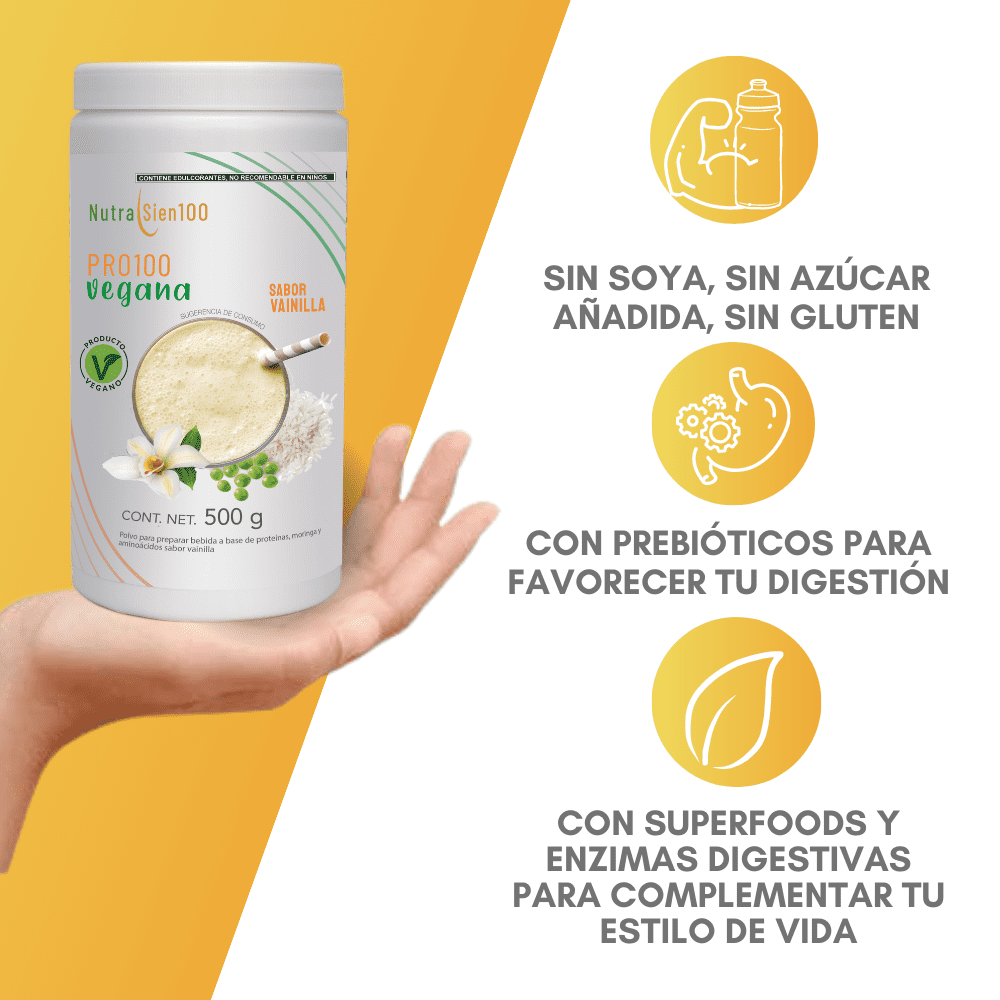 Nutrasien100 Proteína Vegana sabor Vainilla. Ideal para Keto, Pre workout, Vegano, Paleo. Sin azúcar. Fácil digestión. Ideal hombres y mujeres. 500g – 17 porciones. Pro100 vegana