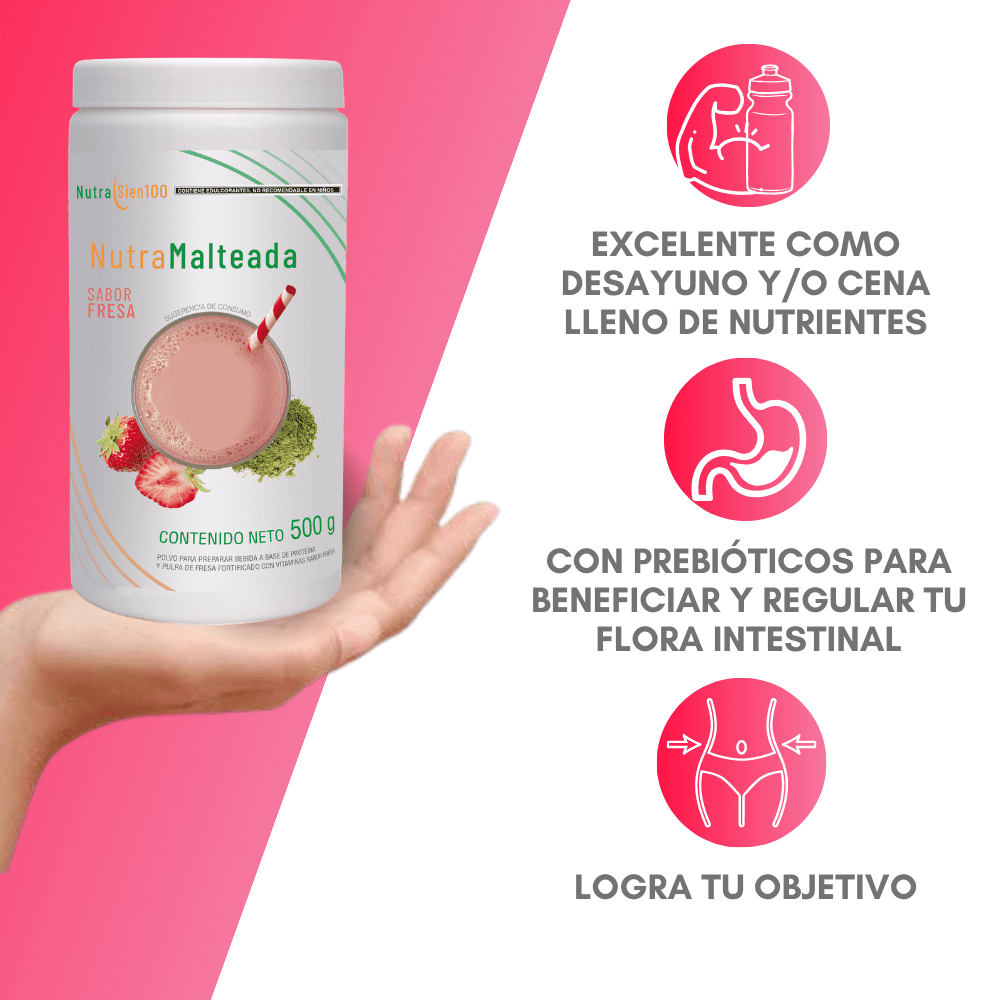 Nutrasien100 Malteada de proteína sabor Fresa. Sin grasa Sin azúcar. 15 g proteína 500g 17 porciones. Nutramalteada