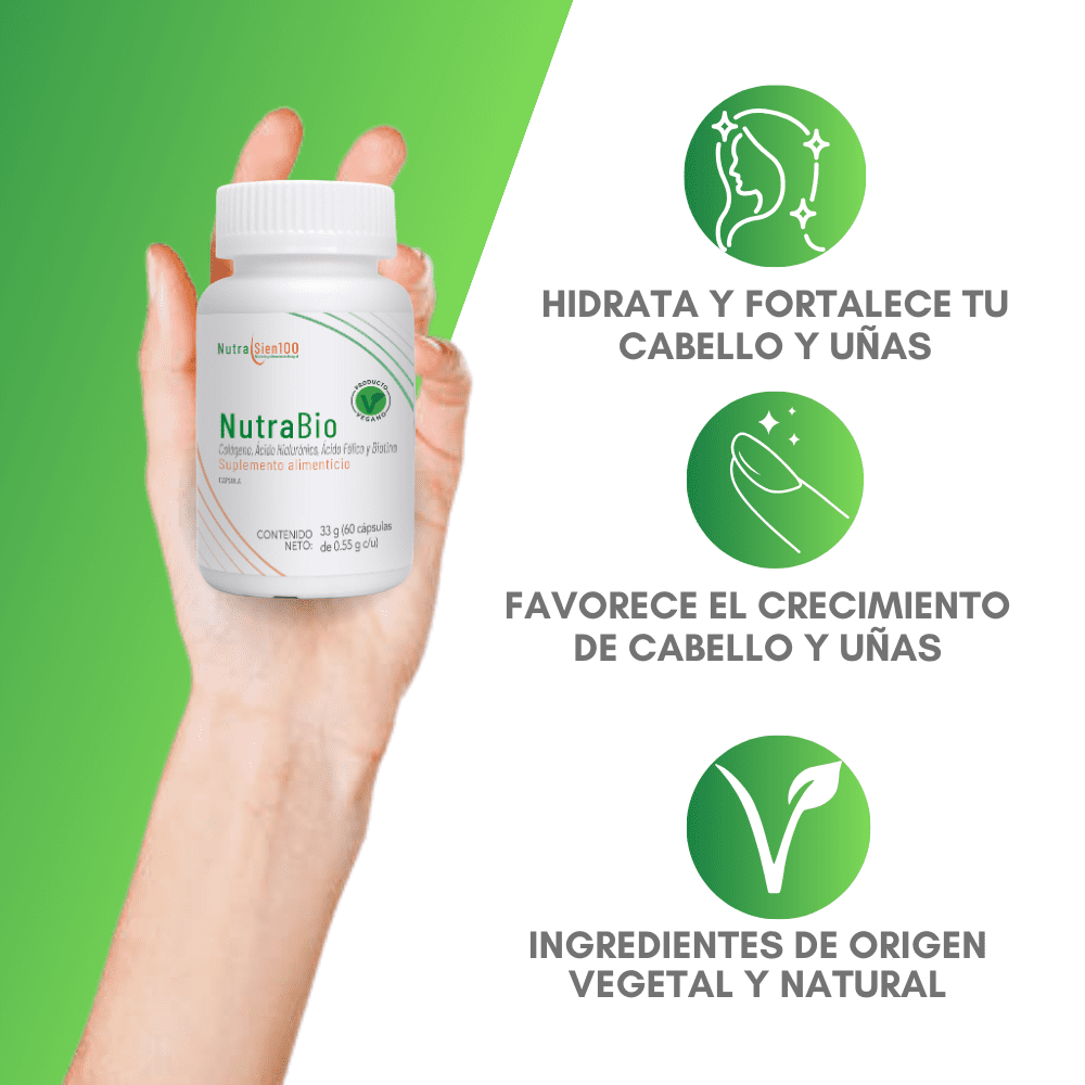 Nutrasien100 Nutrabio. Colágeno marino con Ácido Hialurónico, Biotina y Ácido fólico. Suplemento ideal para crecimiento de cabello y uñas. 30 Caps/30 días