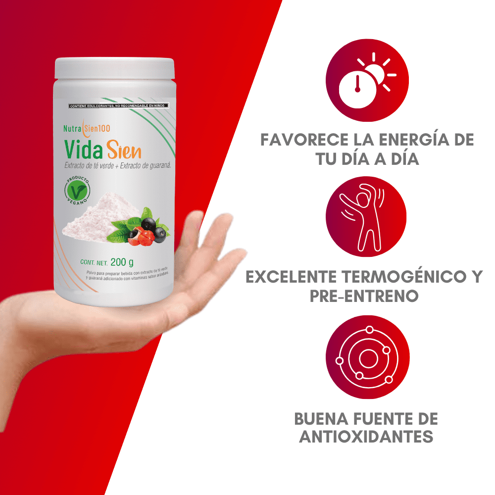 Nutrasien100 Vidasien Energizante natural en Polvo Té verde Guaraná Vit. B12 Keto Vegano Termogénico Pre workout 20 porciones