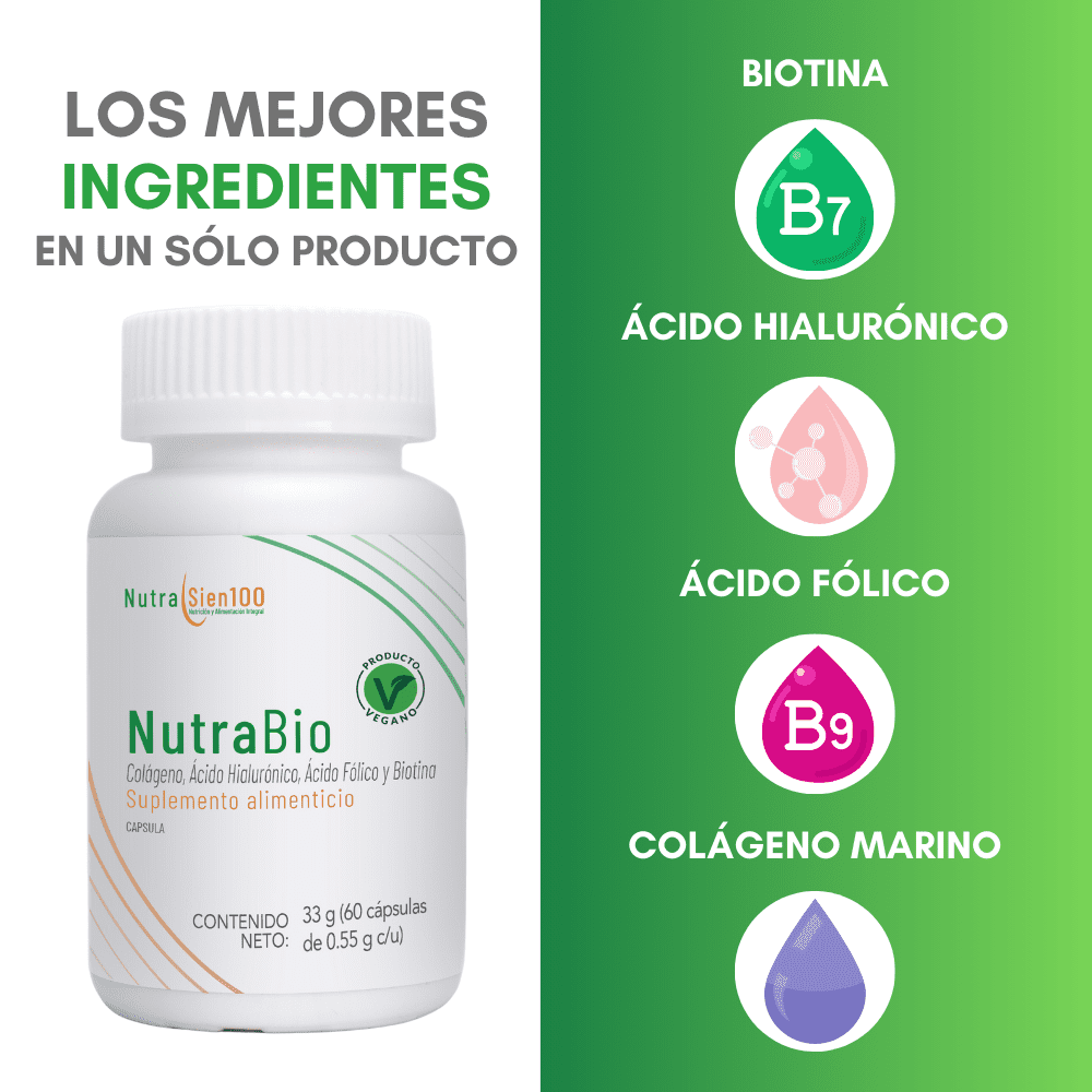 Nutrasien100 Nutrabio. Colágeno marino con Ácido Hialurónico, Biotina y Ácido fólico. Suplemento ideal para crecimiento de cabello y uñas. 30 Caps/30 días