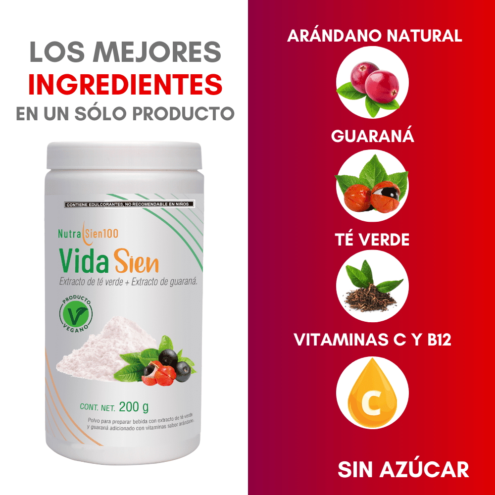 Nutrasien100 Vidasien Energizante natural en Polvo Té verde Guaraná Vit. B12 Keto Vegano Termogénico Pre workout 20 porciones