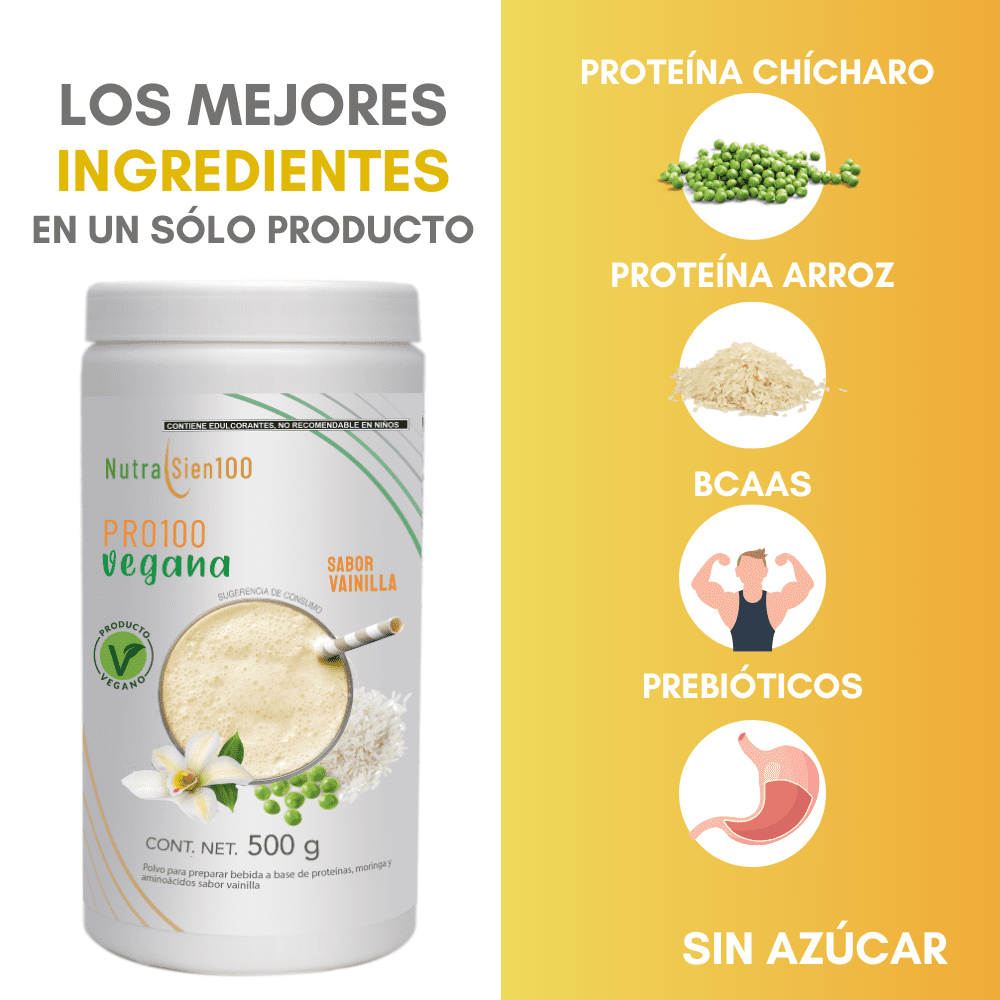 Nutrasien100 Proteína Vegana sabor Vainilla. Ideal para Keto, Pre workout, Vegano, Paleo. Sin azúcar. Fácil digestión. Ideal hombres y mujeres. 500g – 17 porciones. Pro100 vegana