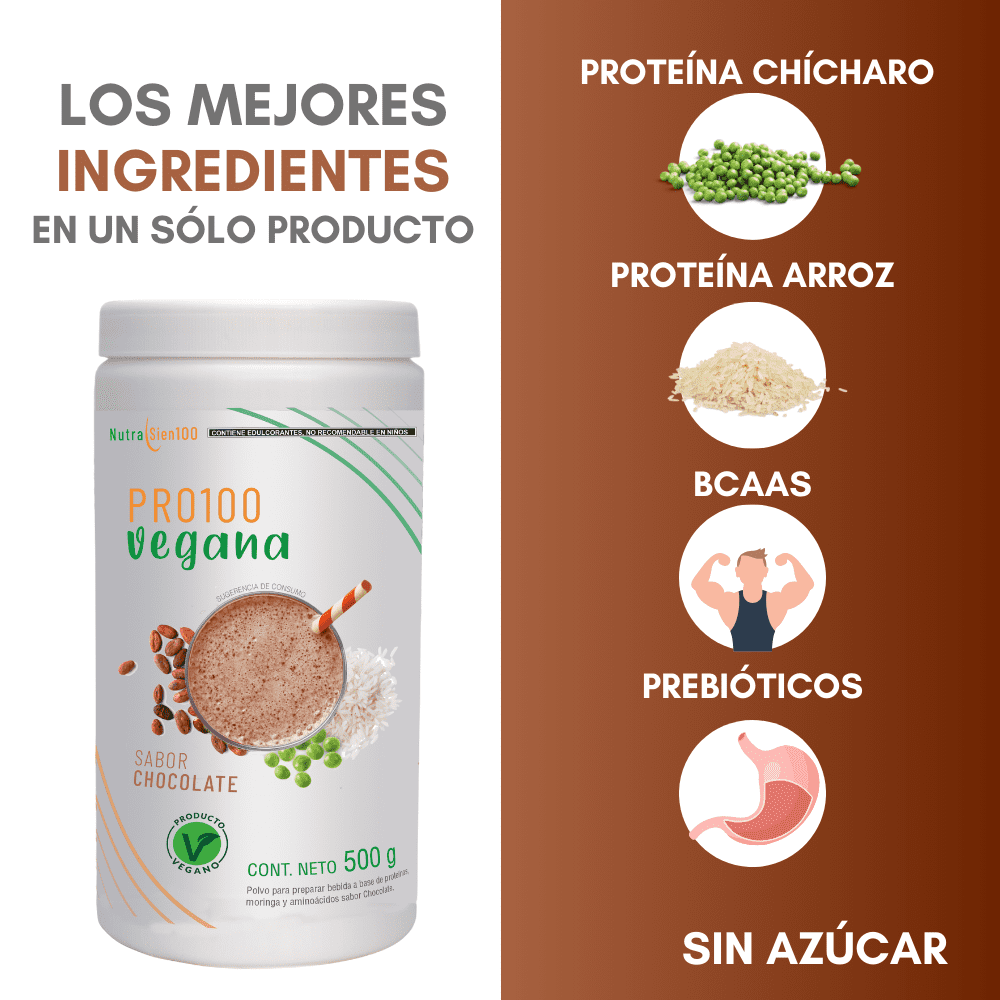 Nutrasien100 Proteína Vegana sabor Chocolate. Ideal para Keto, Pre workout, Vegano, Paleo. Sin azúcar. Fácil digestión. Ideal hombres y mujeres. 500g – 17 porciones.