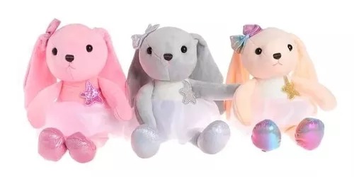 Peluche Conejita Con Tutú Blanco Y Estrella Zapatos Lisos Gris.