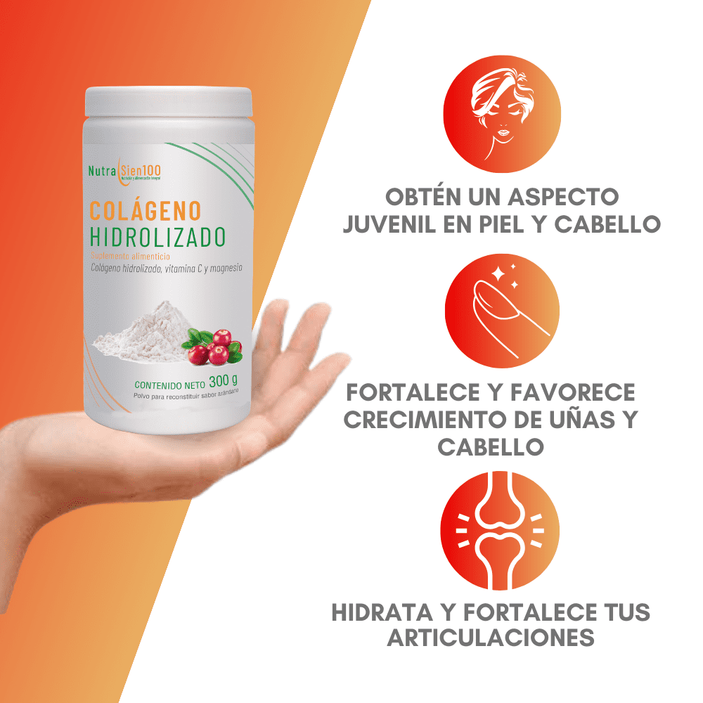 Nutrasien100 COLÁGENO hidrolizado puro en Polvo con Vitamina C y Magnesio Sin Azúcar Beneficia piel, cabello y articulaciones 300 g / 20 porciones