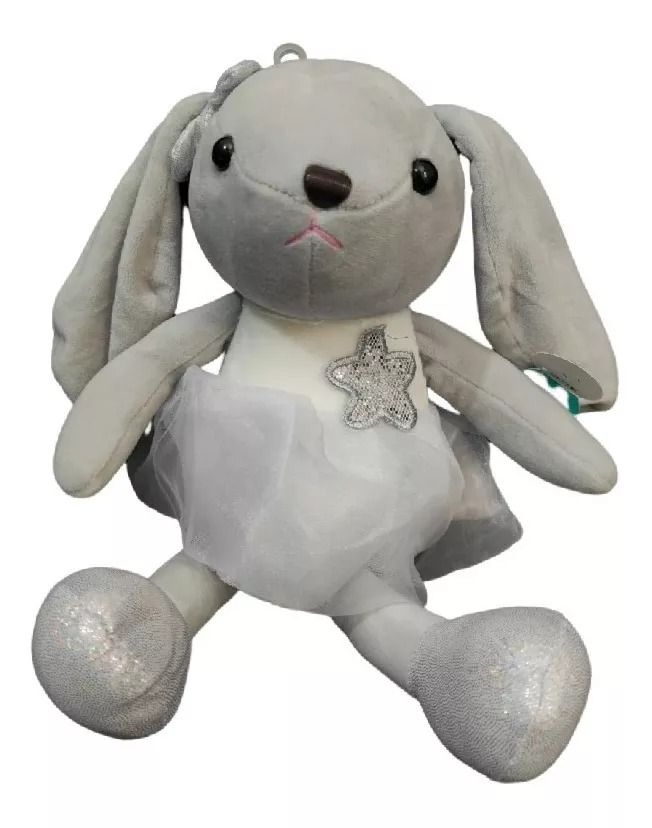 Peluche Conejita Con Tutú Blanco Y Estrella Zapatos Lisos Gris.
