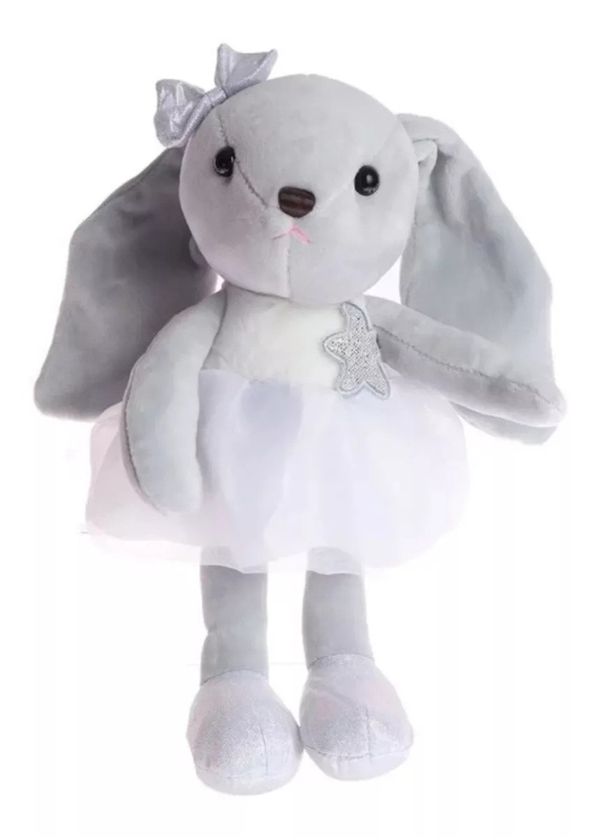 Peluche Conejita Con Tutú Blanco Y Estrella Zapatos Lisos Gris.