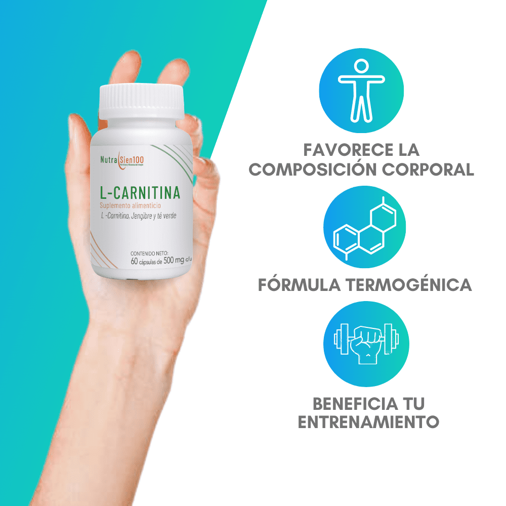 Nutrasien100 L carnitina cápsulas con jengibre y té verde. Termogénico. Pre entreno. Keto. Apto para hombres y mujeres. 60 cápsulas=60 días.