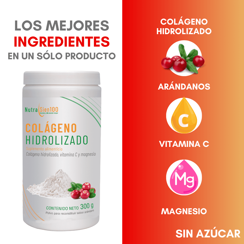 Nutrasien100 COLÁGENO hidrolizado puro en Polvo con Vitamina C y Magnesio Sin Azúcar Beneficia piel, cabello y articulaciones 300 g / 20 porciones