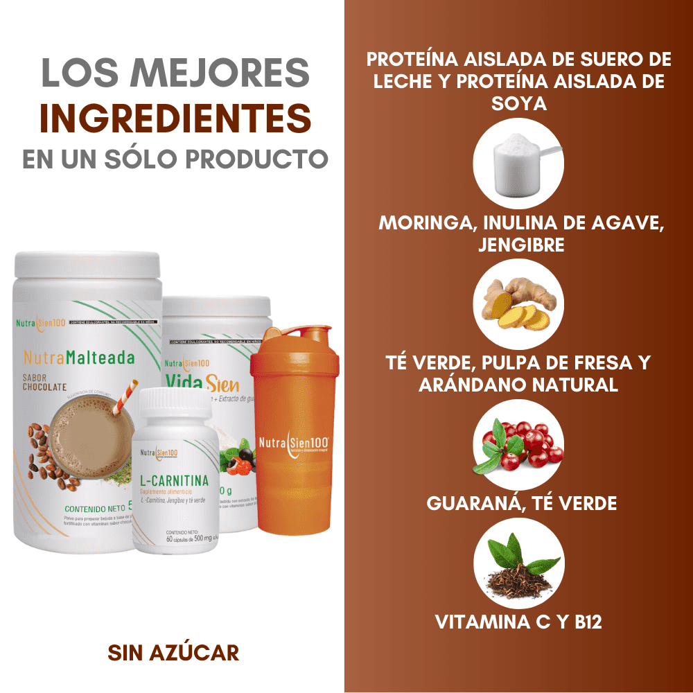 Nutrasien100 Reto 30 días Malteada de Chocolate, L-carnitina, Vidasien. Programa de nutrición completo