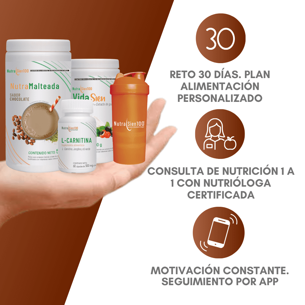 Nutrasien100 Reto 30 días Malteada de Chocolate, L-carnitina, Vidasien. Programa de nutrición completo