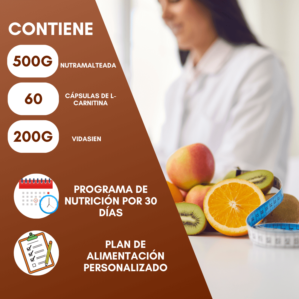 Nutrasien100 Reto 30 días Malteada de Chocolate, L-carnitina, Vidasien. Programa de nutrición completo