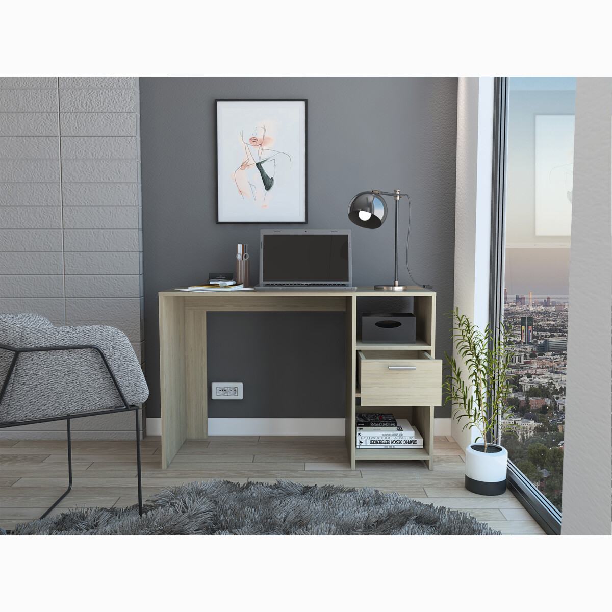 ESCRITORIO ARMABLE IDEAL PARA OFICINA O EL HOME OFFICE CON DOS ENTREPAÑOS Y UN CAJON 