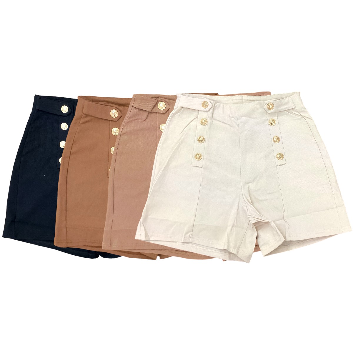 Short Elástico Con Botones Dorados Gabardina Largo